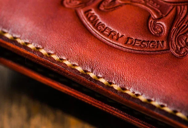 Handmade leather billfold lion wallet clutch zip long wallet brown leather men