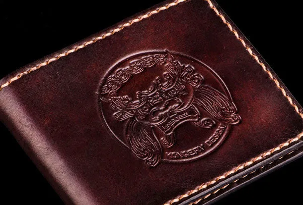 Handmade leather billfold lion wallet clutch zip long wallet brown leather men