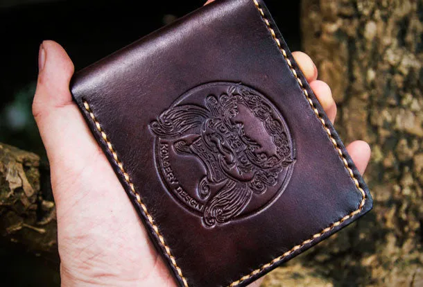 Handmade leather billfold lion wallet clutch zip long wallet brown leather men