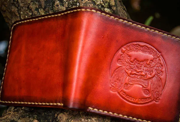 Handmade leather billfold lion wallet clutch zip long wallet brown leather men