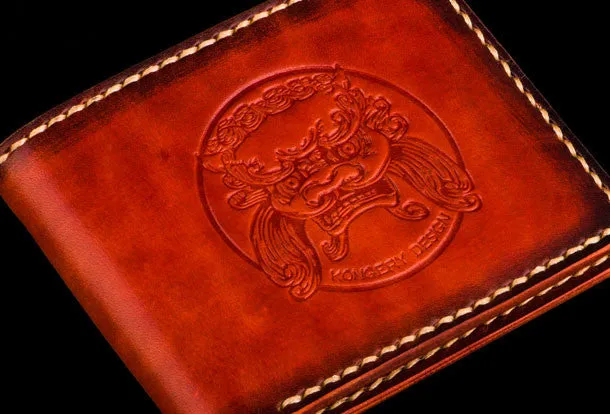 Handmade leather billfold lion wallet clutch zip long wallet brown leather men