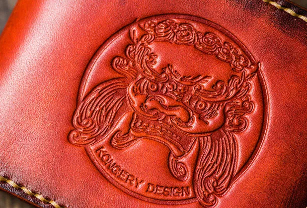Handmade leather billfold lion wallet clutch zip long wallet brown leather men