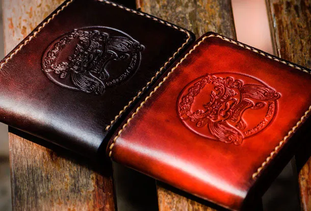 Handmade leather billfold lion wallet clutch zip long wallet brown leather men