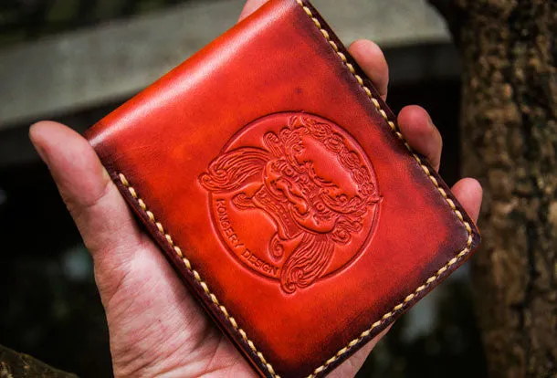 Handmade leather billfold lion wallet clutch zip long wallet brown leather men