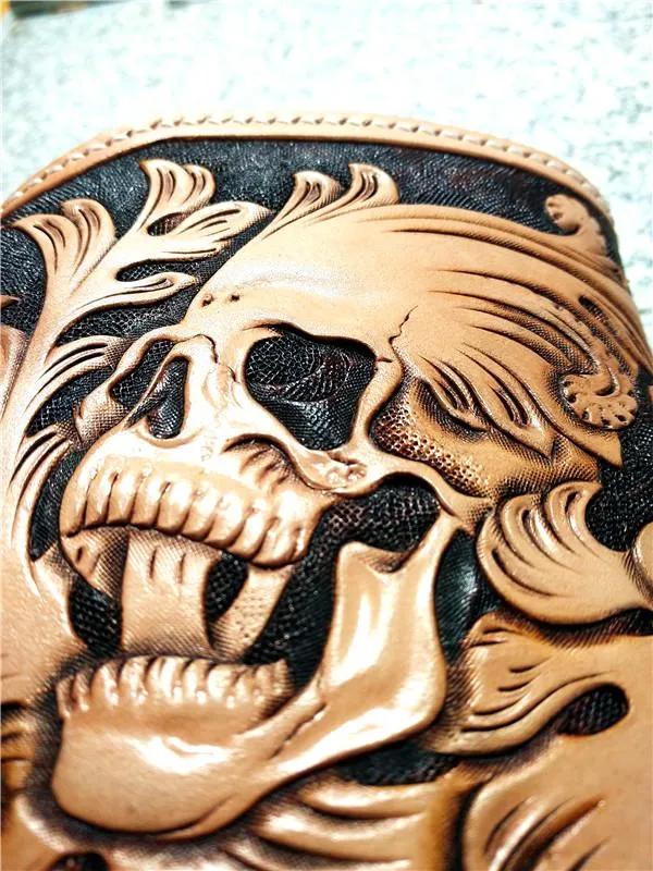 Handmade Leather billfold Tooled Skull Biker Wallet Mens Wallet With Chain Wallet Biker Wallet for Men