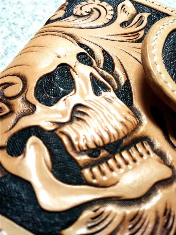 Handmade Leather billfold Tooled Skull Biker Wallet Mens Wallet With Chain Wallet Biker Wallet for Men