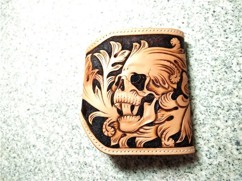Handmade Leather billfold Tooled Skull Biker Wallet Mens Wallet With Chain Wallet Biker Wallet for Men