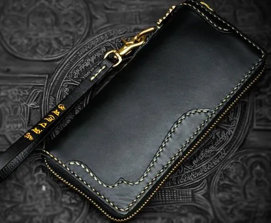 Handmade Leather Black Chain Wallet Mens Biker Wallet Cool Long Wallets for Men
