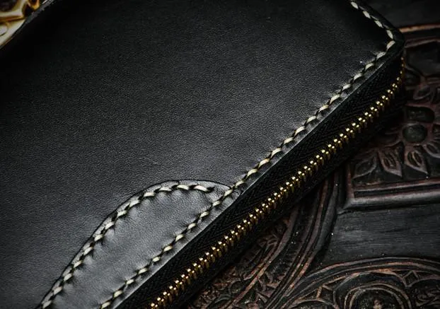 Handmade Leather Black Chain Wallet Mens Biker Wallet Cool Long Wallets for Men