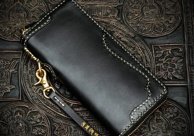 Handmade Leather Black Chain Wallet Mens Biker Wallet Cool Long Wallets for Men