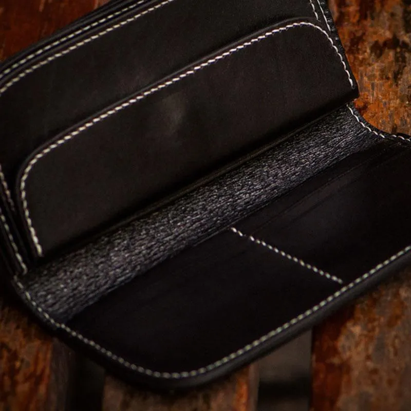 Handmade Leather Black Mens Chain Biker Wallets Cool Leather Wallet Long Clutch Wallets for Men