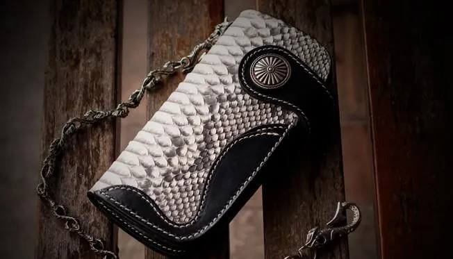 Handmade Leather Black Mens Chain Biker Wallets Cool Leather Wallet Long Clutch Wallets for Men