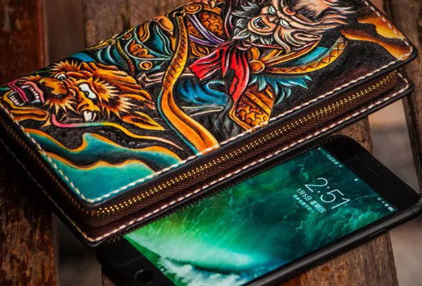 Handmade leather black monkey king biker wallet clutch zip long wallet brown leather men Tooled
