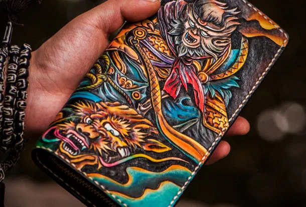 Handmade leather black monkey king biker wallet clutch zip long wallet brown leather men Tooled
