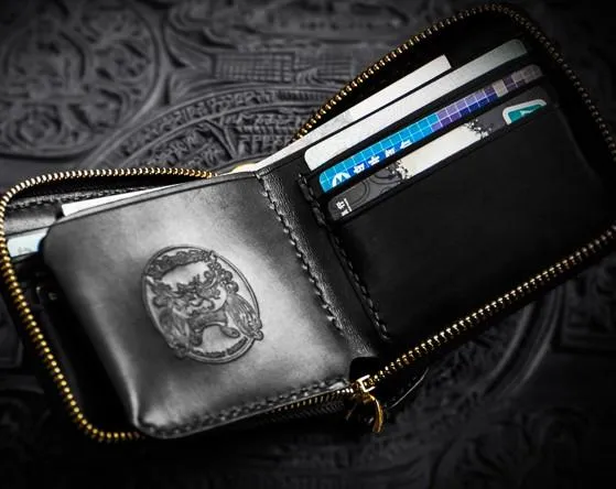 Handmade Leather Black Small Biker Wallet Mens Cool billfold Chain Wallet Trucker Wallet with Chain