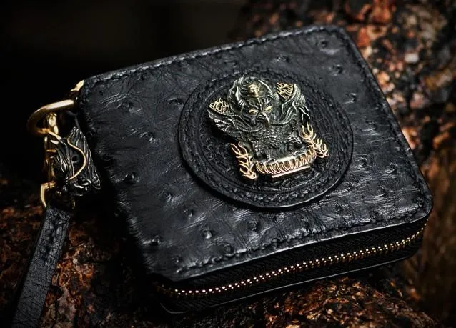Handmade Leather Black Small Biker Wallet Mens Cool billfold Chain Wallet Trucker Wallet with Chain