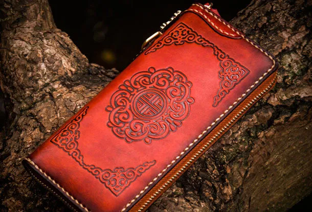 Handmade leather brown biker wallet clutch zip long wallet leather men phone