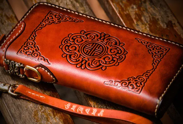 Handmade leather brown biker wallet clutch zip long wallet leather men phone