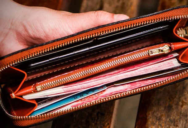 Handmade leather brown biker wallet clutch zip long wallet leather men phone
