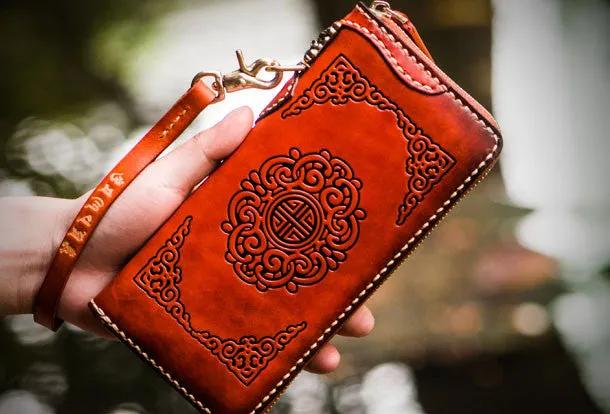 Handmade leather brown biker wallet clutch zip long wallet leather men phone
