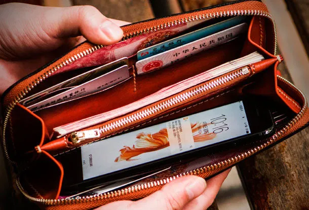 Handmade leather brown biker wallet clutch zip long wallet leather men phone