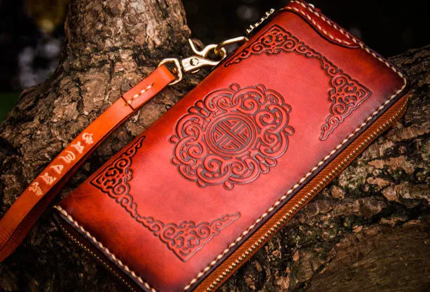 Handmade leather brown biker wallet clutch zip long wallet leather men phone
