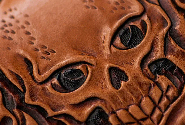 Handmade leather brown black floral skull carved biker wallet bifold long wallet for men