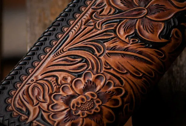 Handmade leather brown black floral skull carved biker wallet bifold long wallet for men