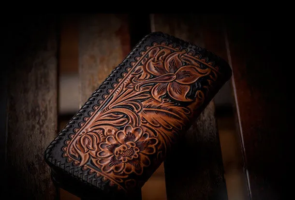 Handmade leather brown black floral skull carved biker wallet bifold long wallet for men