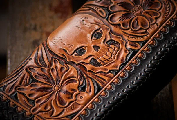 Handmade leather brown black floral skull carved biker wallet bifold long wallet for men