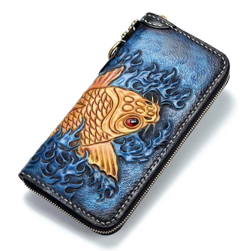 Handmade Leather Carp Mens Chain Biker Wallet Cool Leather Long Wallet for Men