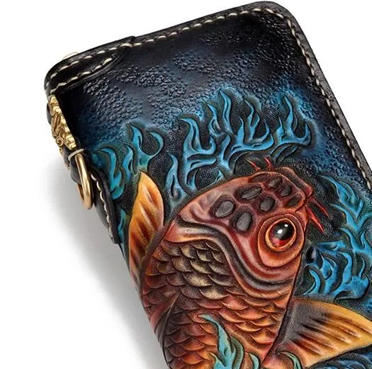Handmade Leather Carp Mens Chain Biker Wallet Cool Leather Long Wallet for Men