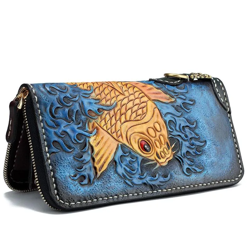 Handmade Leather Carp Mens Chain Biker Wallet Cool Leather Long Wallet for Men
