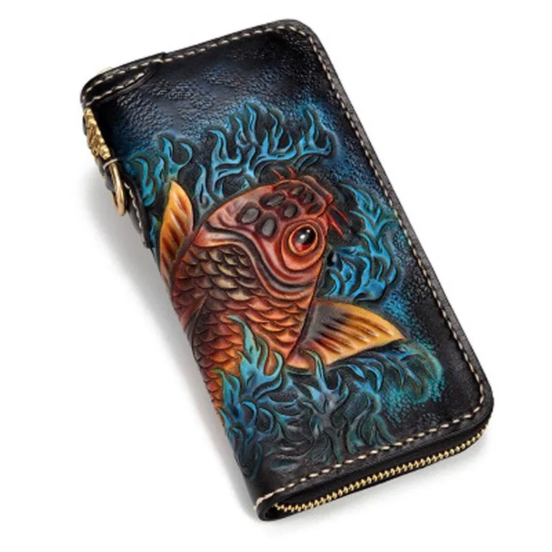 Handmade Leather Carp Mens Chain Biker Wallet Cool Leather Long Wallet for Men
