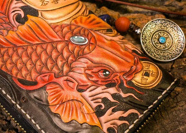 Handmade Leather Carp Mens Chain Biker Wallet Cool Leather Long Wallet for Men