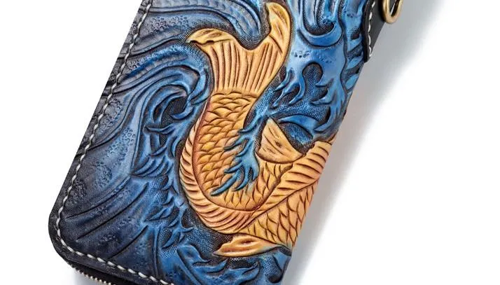 Handmade Leather Carp Mens Chain Biker Wallet Cool Leather Long Wallet for Men