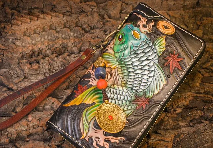 Handmade Leather Carp Mens Chain Biker Wallet Cool Leather Long Wallet for Men