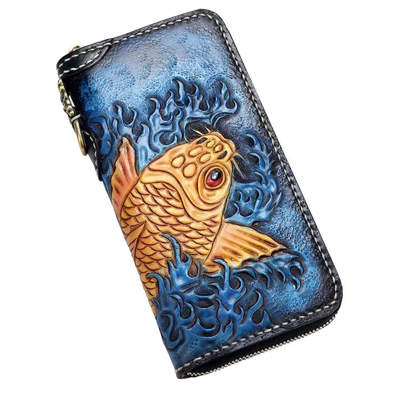 Handmade Leather Carp Mens Chain Biker Wallet Cool Leather Long Wallet for Men