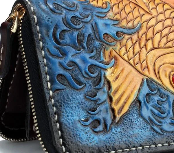 Handmade Leather Carp Mens Chain Biker Wallet Cool Leather Long Wallet for Men