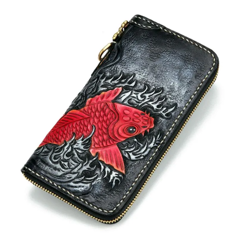 Handmade Leather Carp Mens Chain Biker Wallet Cool Leather Long Wallet for Men