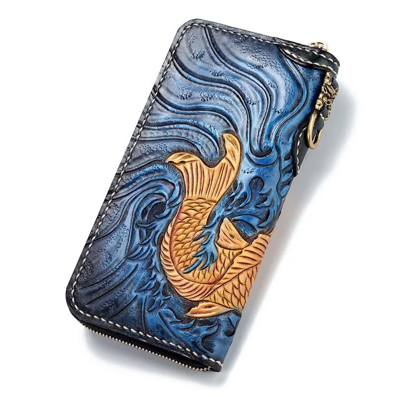 Handmade Leather Carp Mens Chain Biker Wallet Cool Leather Long Wallet for Men