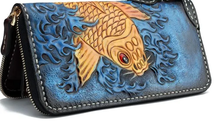 Handmade Leather Carp Mens Chain Biker Wallet Cool Leather Long Wallet for Men