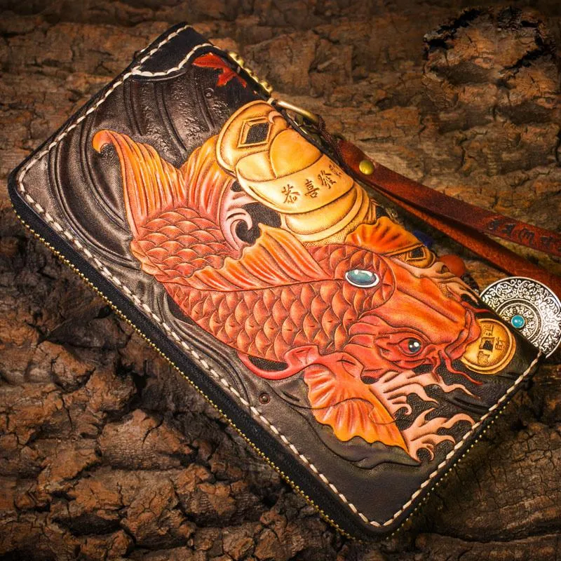 Handmade Leather Carp Mens Chain Biker Wallet Cool Leather Long Wallet for Men