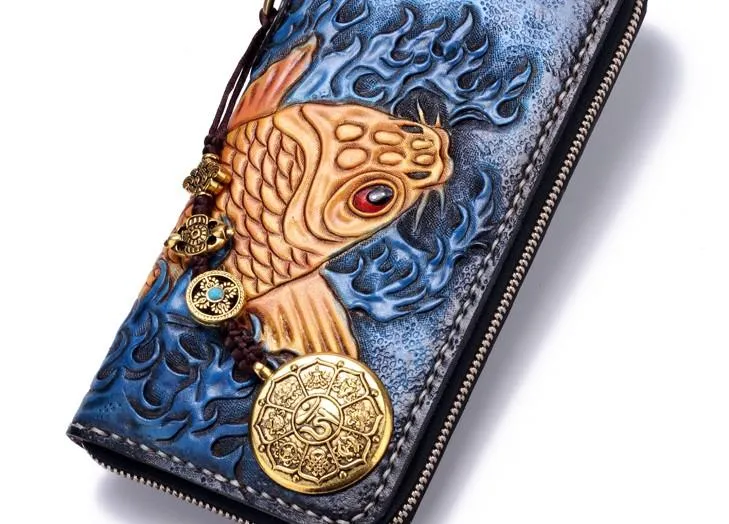 Handmade Leather Carp Mens Chain Biker Wallet Cool Leather Long Wallet for Men