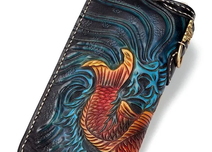 Handmade Leather Carp Mens Chain Biker Wallet Cool Leather Long Wallet for Men