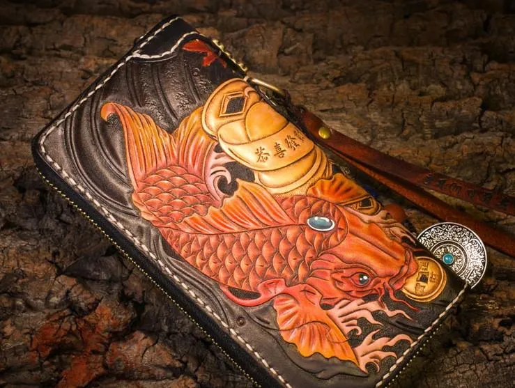 Handmade Leather Carp Mens Chain Biker Wallet Cool Leather Long Wallet for Men
