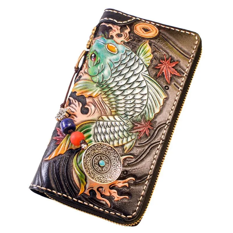 Handmade Leather Carp Mens Chain Biker Wallet Cool Leather Long Wallet for Men