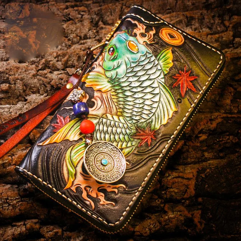 Handmade Leather Carp Mens Chain Biker Wallet Cool Leather Long Wallet for Men