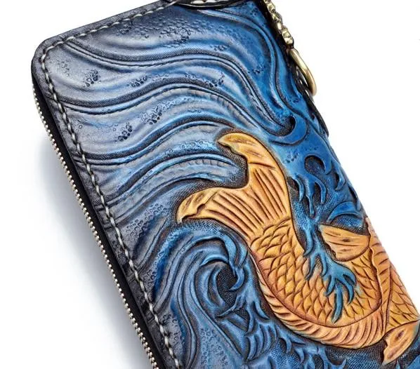 Handmade Leather Carp Mens Chain Biker Wallet Cool Leather Long Wallet for Men