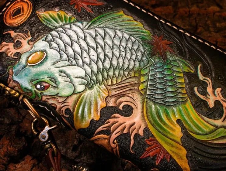 Handmade Leather Carp Mens Chain Biker Wallet Cool Leather Long Wallet for Men